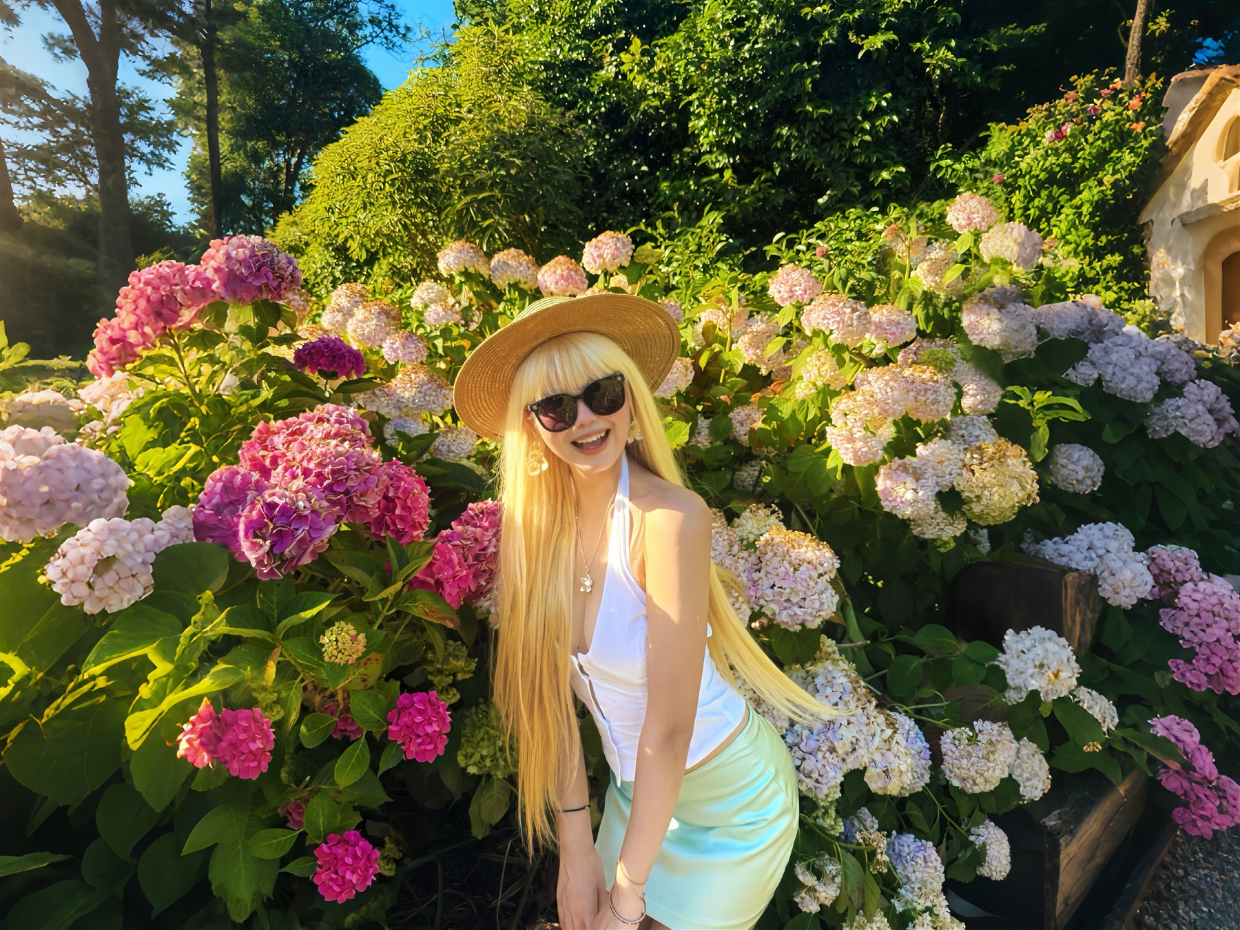 Kyra Qiu in a hydrangea garden