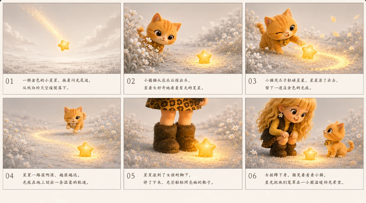Six-frame storyboard of an orange cat discovering and following a glowing star