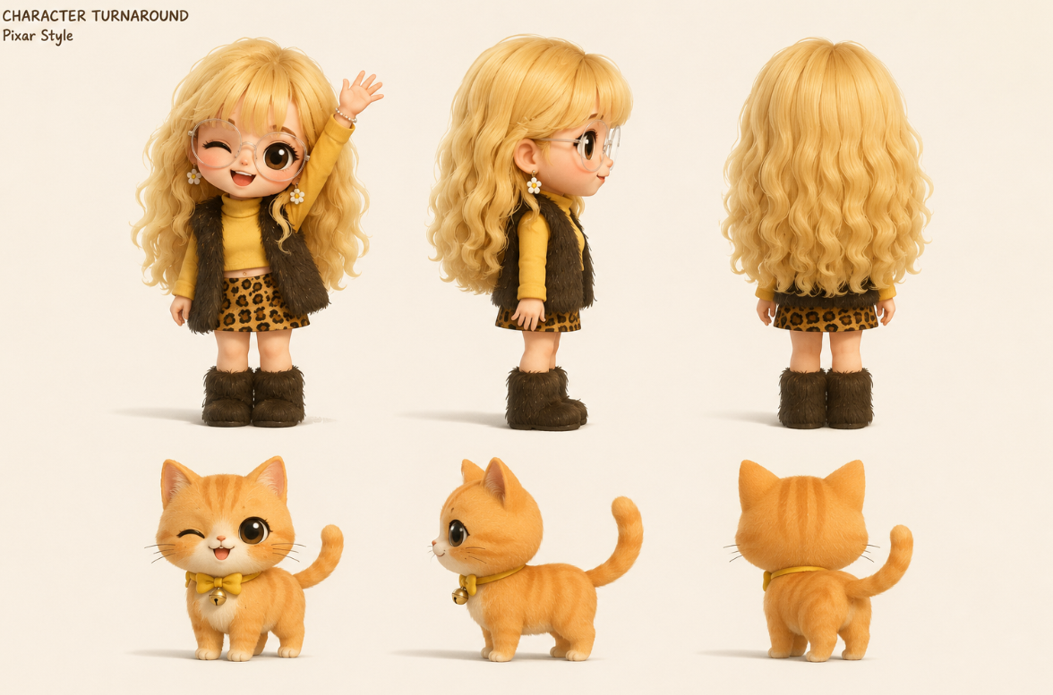 Front, side and back character turnaround sheets for a girl and an orange cat