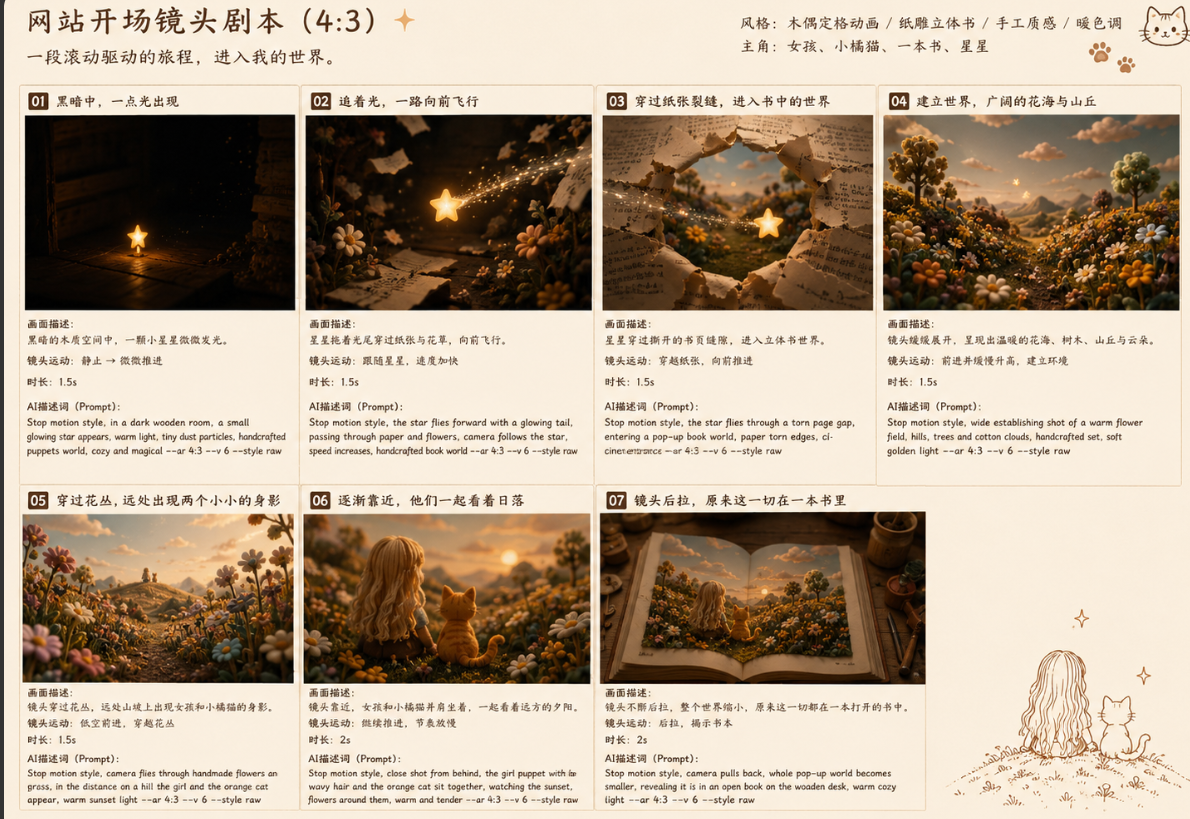 Seven-frame opening storyboard for a handcrafted storybook animation