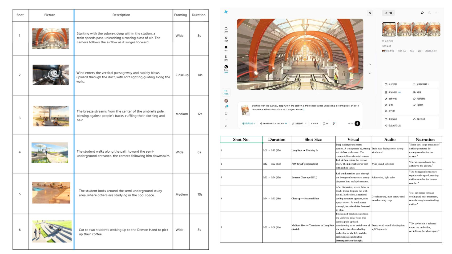 Storyboard and shot plan documenting framing, duration, visual direction, audio and narration
