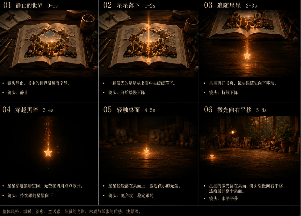 Six-shot storyboard showing a glowing star leaving a book and moving across a dark studio
